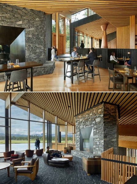 A Warm Wood Interior Contrasts With The Black Charred Cedar Exterior At This Ranch Lodge In Oregon