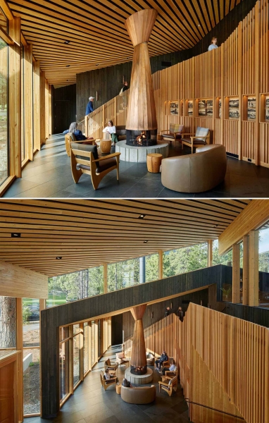 A Warm Wood Interior Contrasts With The Black Charred Cedar Exterior At This Ranch Lodge In Oregon