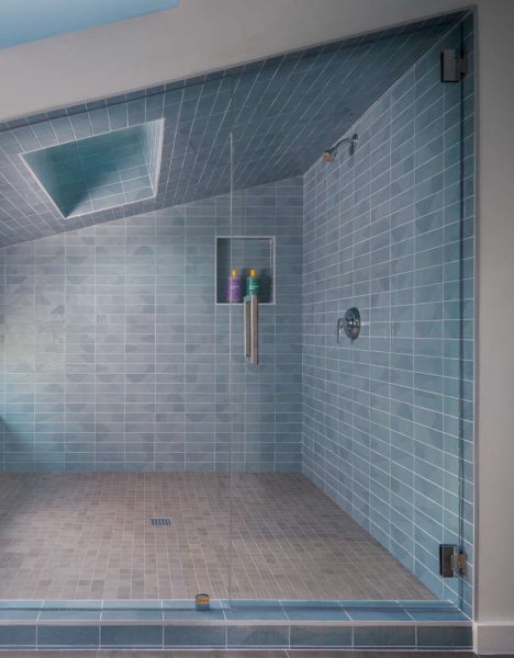 A Sky-Lit Blue-Tiled Shower Steals The Show Inside This Home