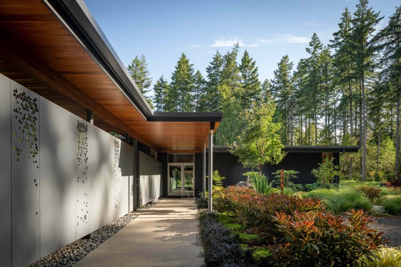 Modern meets nature in this home that opens to a meadow in the trees