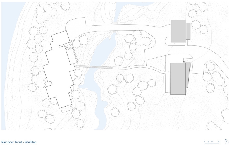 They added a guest house that begins with a short walk over a bridge