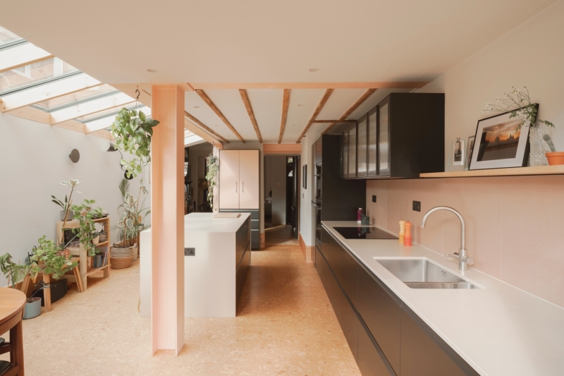 Pink Steel and Cork Flooring Bring Warmth and Personality To A New Garden Extension