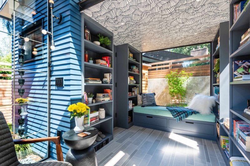 This Backyard Reading Shed Includes a Loft Bed and a Wallpapered Ceiling